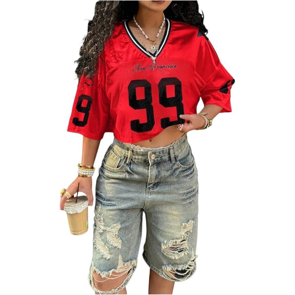 Women's Oversized Y2K Jersey Crop Top Short Sleeve V Neck Casual Fashion